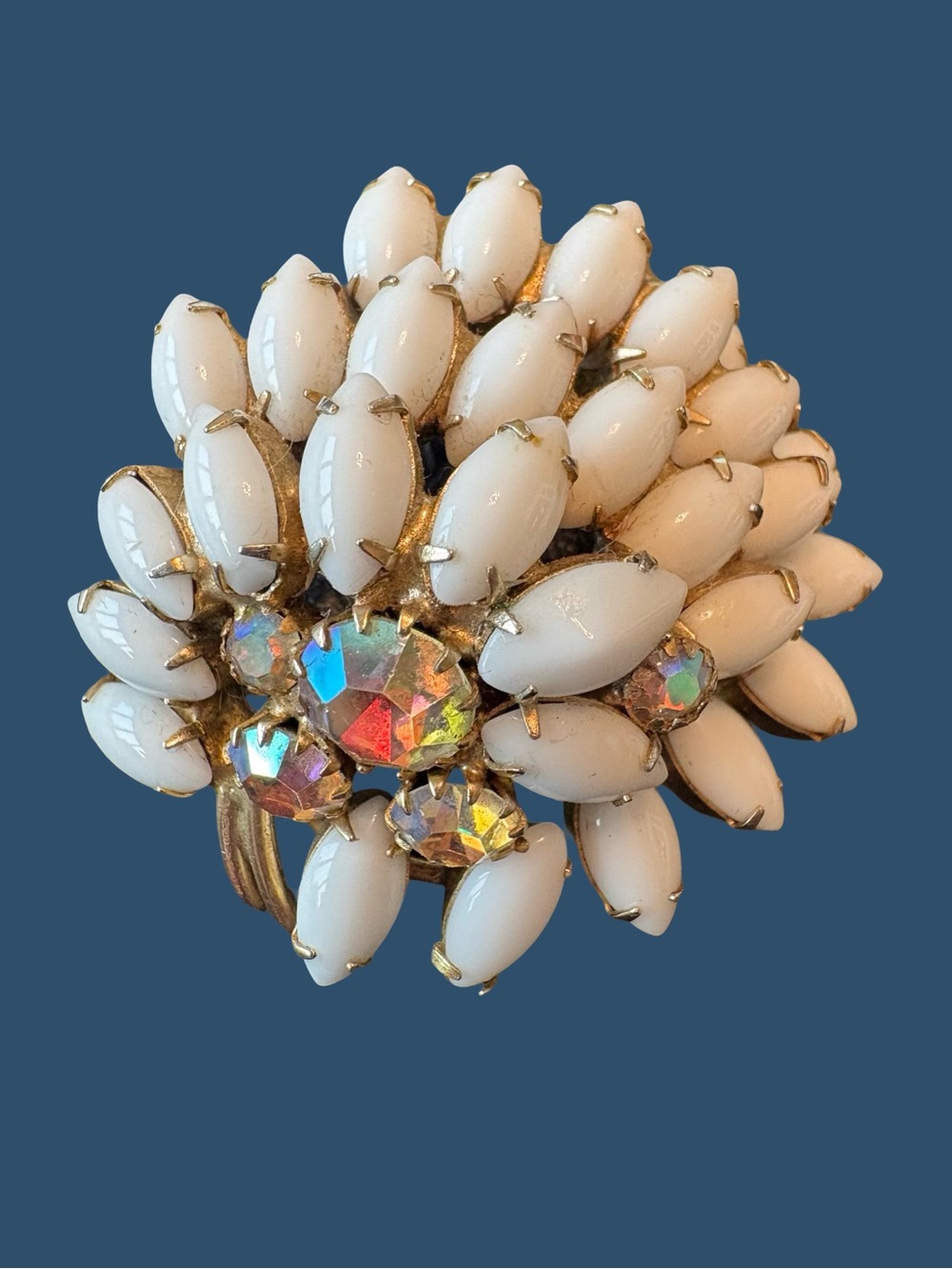Vintage  Continental White Milk Glass and Aurora Borealis Rhinestone Brooch